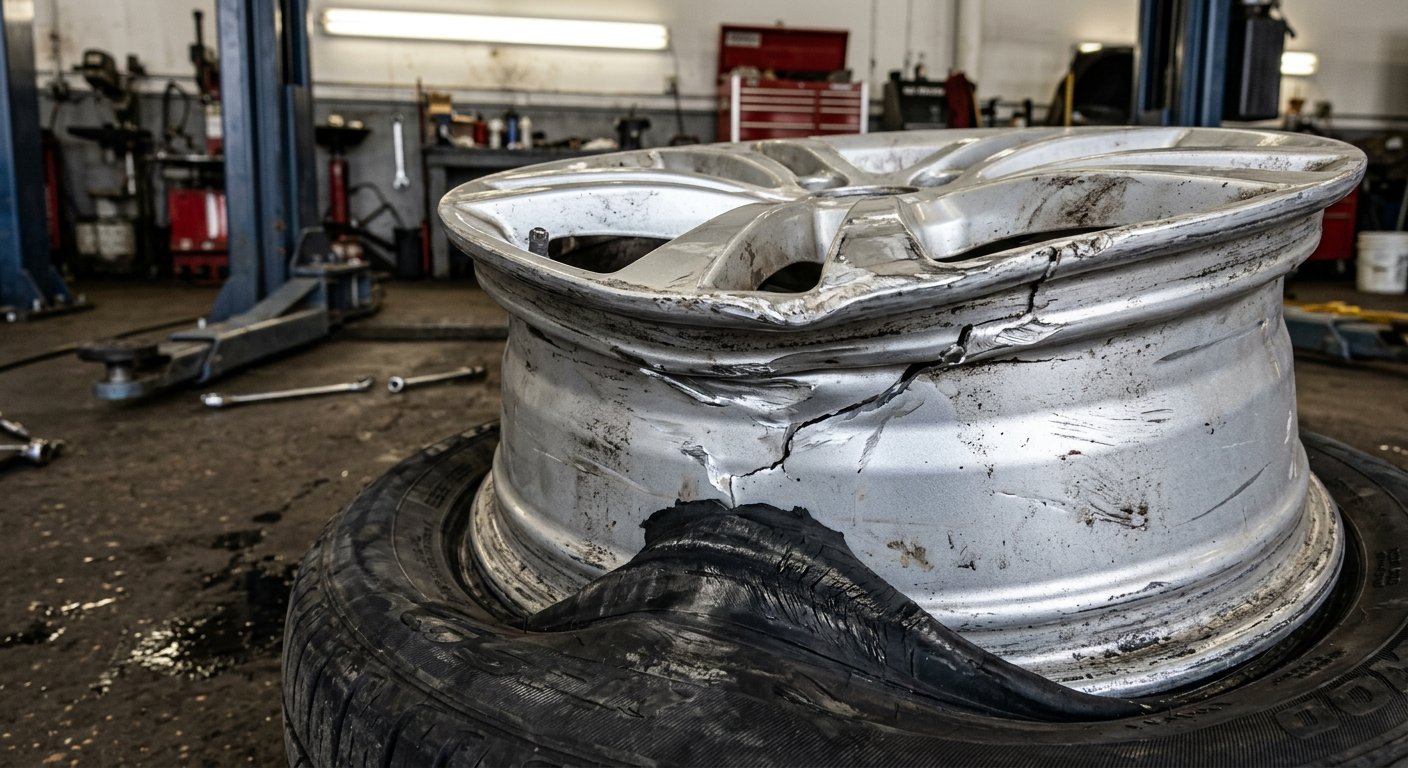 Jante de voiture fendue par un nid-de-poule