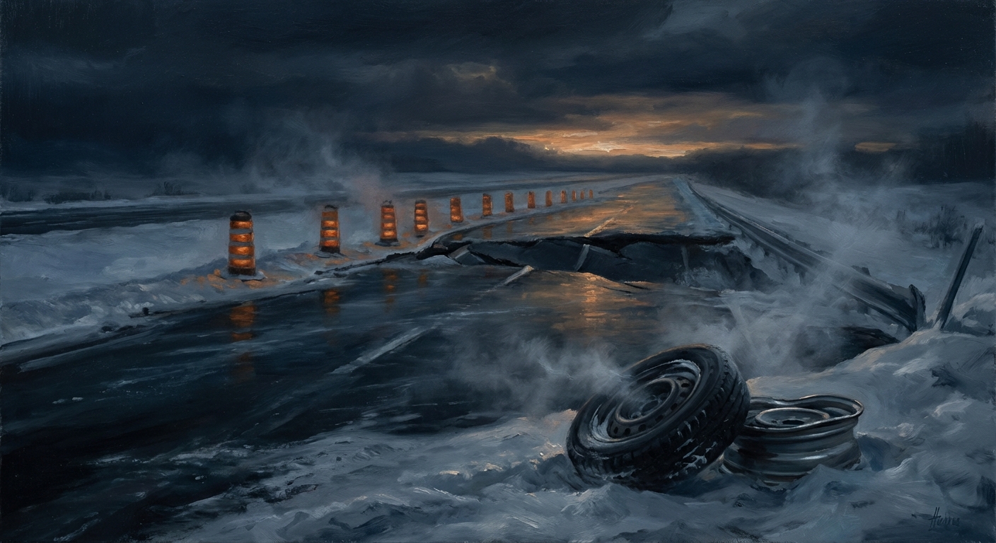 Autoroute hivernale au Québec — glace noire et roue brisée
