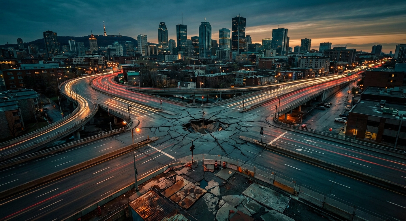 Infrastructure croulante de Montréal vue aérienne au crépuscule