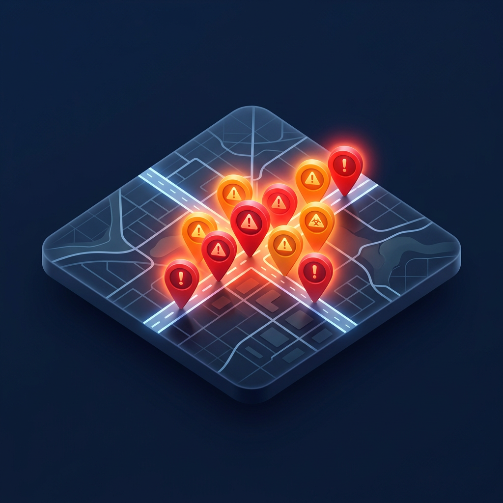 Carte numérique avec épingles d'avertissement